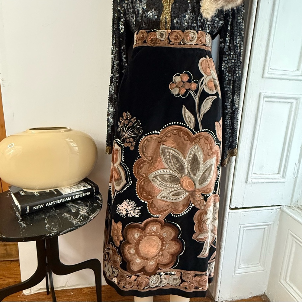 Velvet Floral Tapestry Skirt Black Brown Blooming Floral Maximalist Print